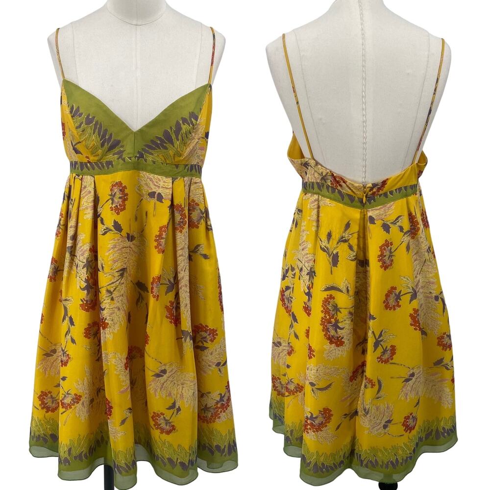 Anna Sui Silk Mini Dress Floral Print Empire Waist Fit & Flare Yellow Womens S